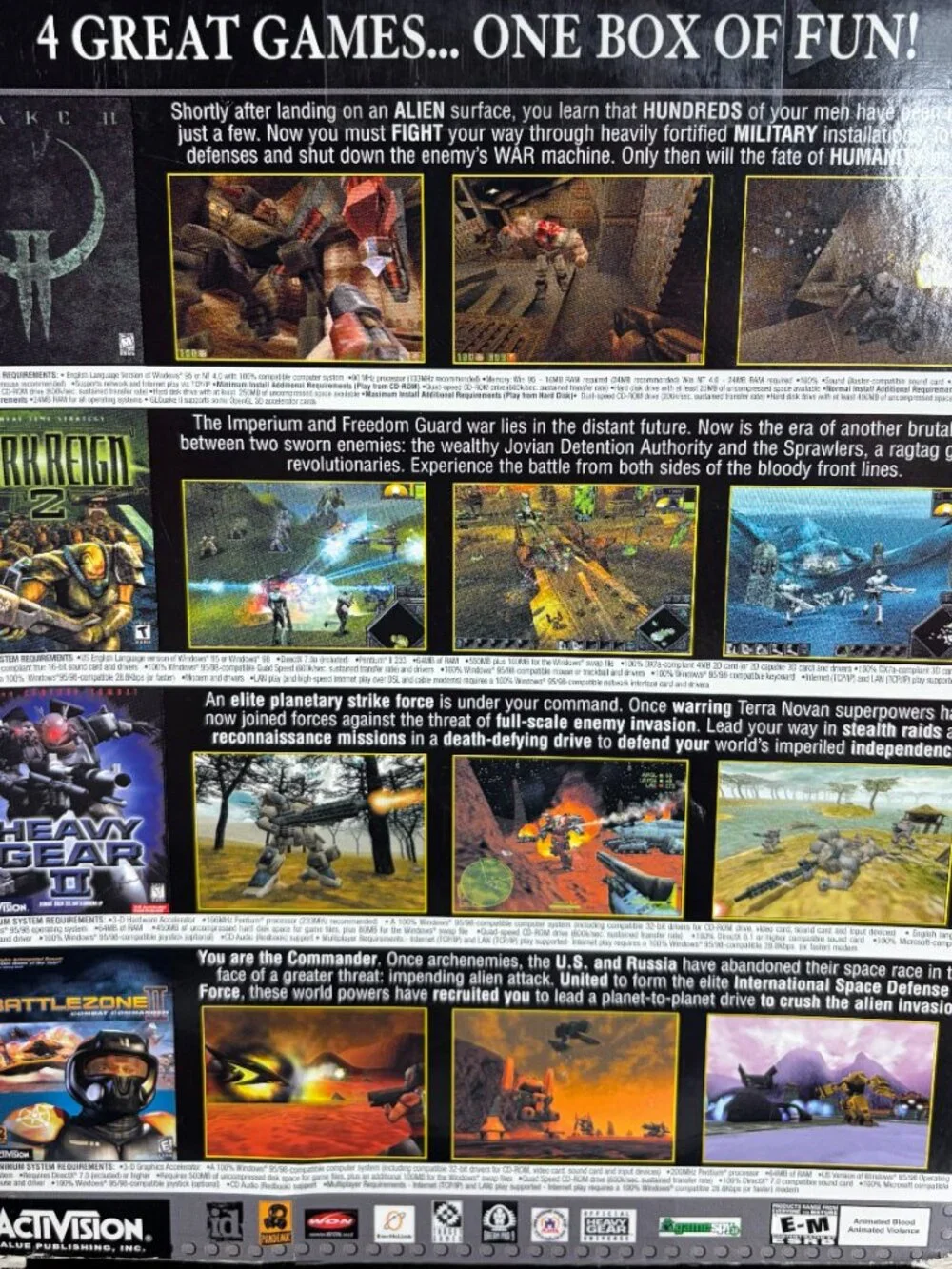 4 GAMER PACK, QUAKE II, Dark Reign 2, Heavy Gear II, Battlezone 2, PC CD-ROM EUC